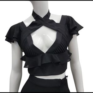 Black Ruffle Cross-Neck Crop Top